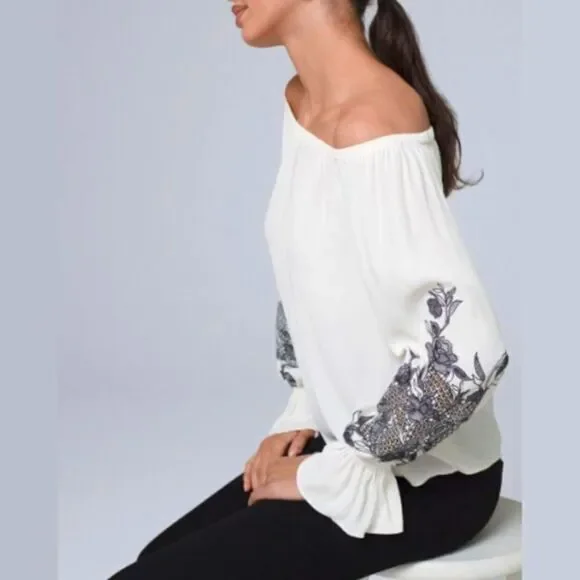 White House Black Market Embroidered Off-Shoulder Blouse - Picture 3 of 9
